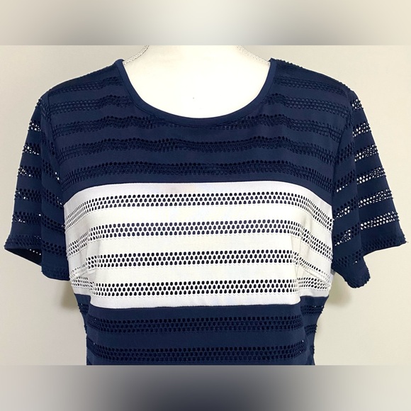 Beige by ECI Womens L Navy Blue White Stripe Short Sleeve Straight Dress Classic - Picture 3 of 12